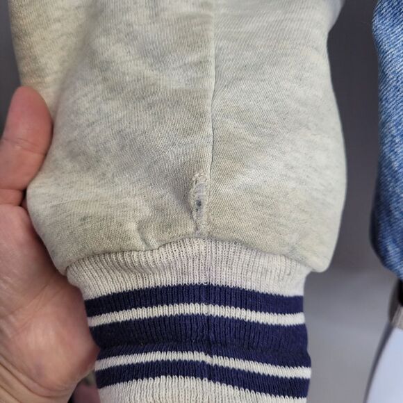 VINTAGE 90s denim varsity bomber spellout jean jacket unisex M - Picture 6 of 11